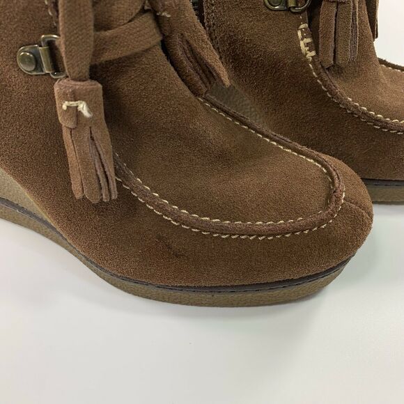 MIA Hazel Boot Brown Suede Leather Tassle Lace Up Wedge Bootie Size 7.5 M - Picture 4 of 12